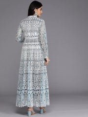 Women Teal Blue & White Embroidered High Slit Thread Work Kurta with Trousers - Inddus.com