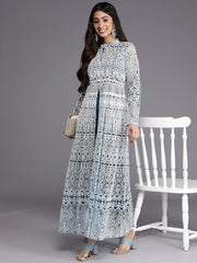 Women Teal Blue & White Embroidered High Slit Thread Work Kurta with Trousers - Inddus.com