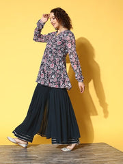Women Teal Floral Printed Kurti with Palazzos & With Dupatta - Inddus.com