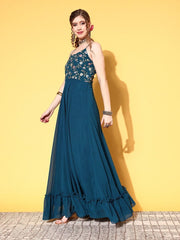 Women Teal Georgette Ethereal Embroidery Kurta - Inddus.com