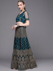 Women Teal Green Embroidered Semi-Stitched Lehenga with Unstitched Blouse & Dupatta - Inddus.com