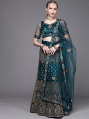 Women Teal Green Embroidered Semi-Stitched Lehenga with Unstitched Blouse & Dupatta - Inddus.com