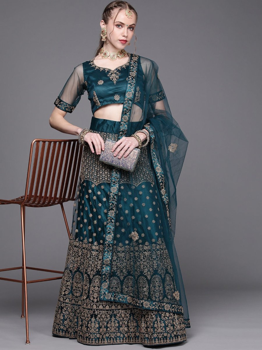 Women Teal Green Embroidered Semi-Stitched Lehenga with Unstitched Blouse & Dupatta - Inddus.com
