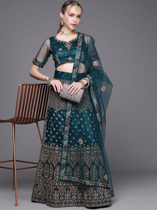 Women Teal Green Embroidered Semi-Stitched Lehenga with Unstitched Blouse & Dupatta - Inddus.com