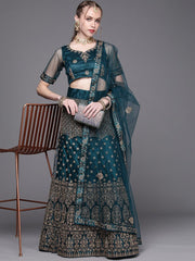 Women Teal Green Embroidered Semi-Stitched Lehenga with Unstitched Blouse & Dupatta - Inddus.com