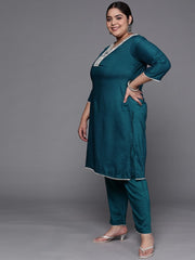 Women Teal Green Embroidered Thread Work Kurta with Palazzos & With Dupatta - Inddus.com
