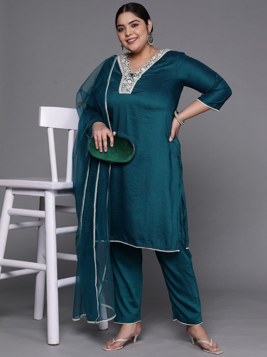 Women Teal Green Embroidered Thread Work Kurta with Palazzos & With Dupatta - Inddus.com