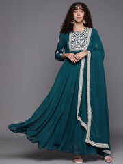 Women Teal & White Floral Yoke Design Thread Work Georgette Kurta - Inddus.com