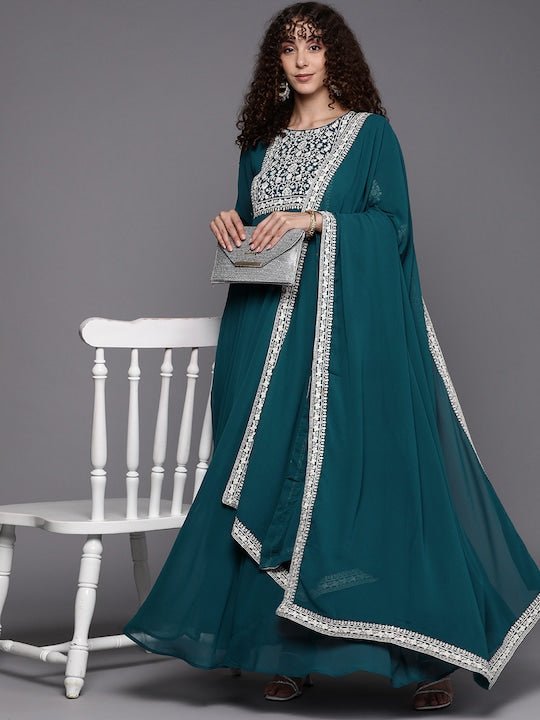 Women Teal & White Floral Yoke Design Thread Work Georgette Kurta - Inddus.com