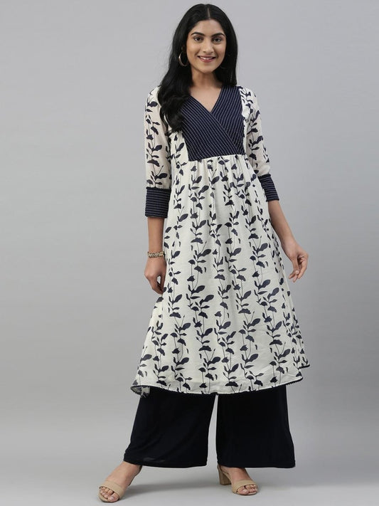 Women White & Blue Printed A-Line Kurta - Inddus.com