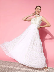 Women White Floral Ethereal Embroidery Dress - Inddus.com