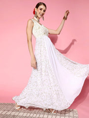 Women White Floral Ethereal Embroidery Dress - Inddus.com