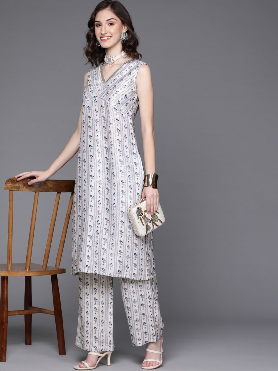 Women White Floral Printed Sequinned Kurta with Palazzos - Inddus.com
