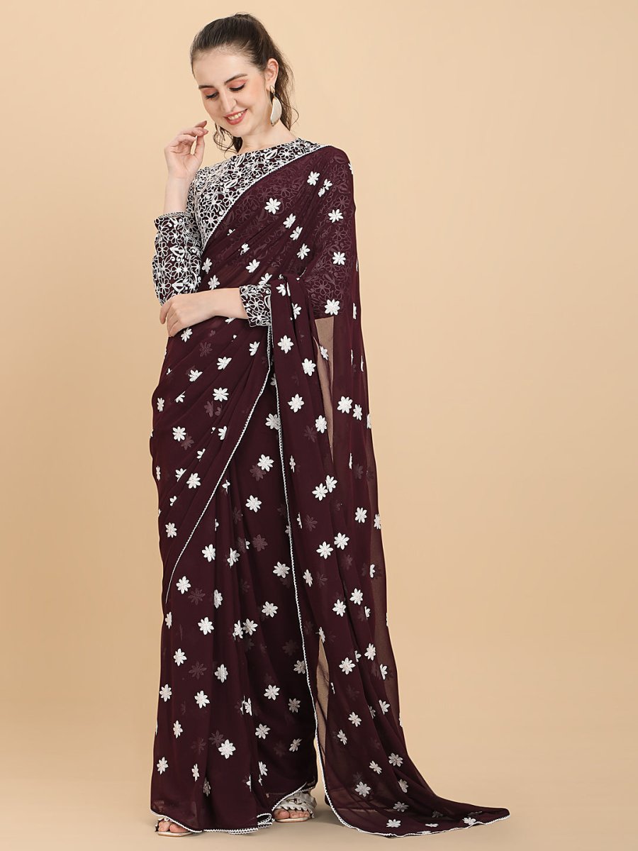 Women Wine Embroidered Georgette Saree with Blouse Piece - Inddus.com