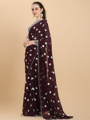 Women Wine Embroidered Georgette Saree with Blouse Piece - Inddus.com