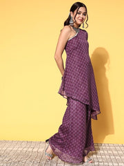 Women Wine Woven Design One Shoulder Kurta With Sharara - Inddus.com
