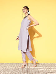 Women Woven Design Cotton Blend Ethereal Embroidery Kurta Set - Inddus.com