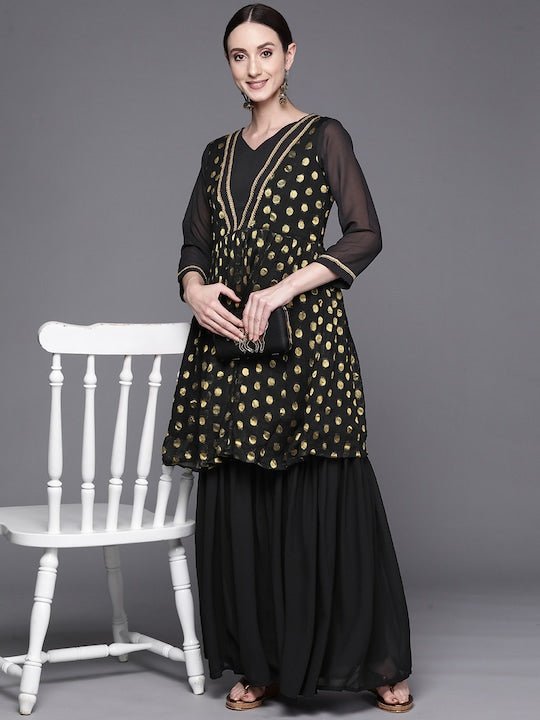 Women Woven Design Kurti With Sharara - Inddus.com