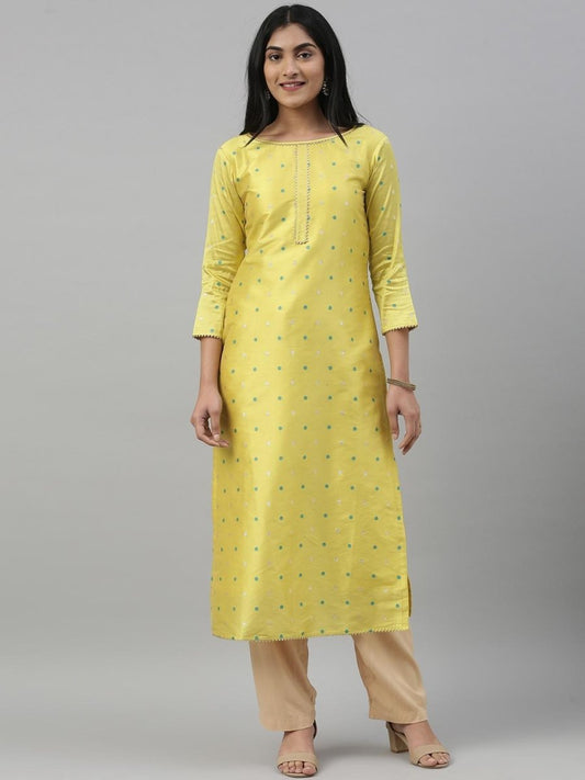 Women Yellow & Blue Woven Design A-Line Kurta - Inddus.com