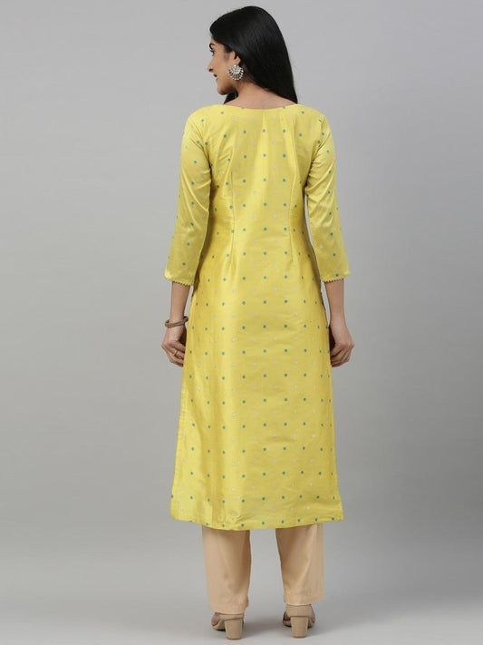 Women Yellow & Blue Woven Design A-Line Kurta - Inddus.com