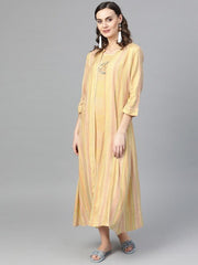 Women Yellow Checked A-Line Dress with Floral Detail & Ethnic Jacket - Inddus.com