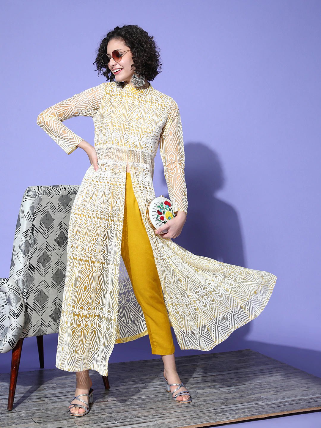 Women Yellow Embroidered High Slit Thread Work Kurta with Trousers - Inddus.com
