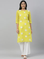 Women Yellow Embroidered Straight Kurta - Inddus.com