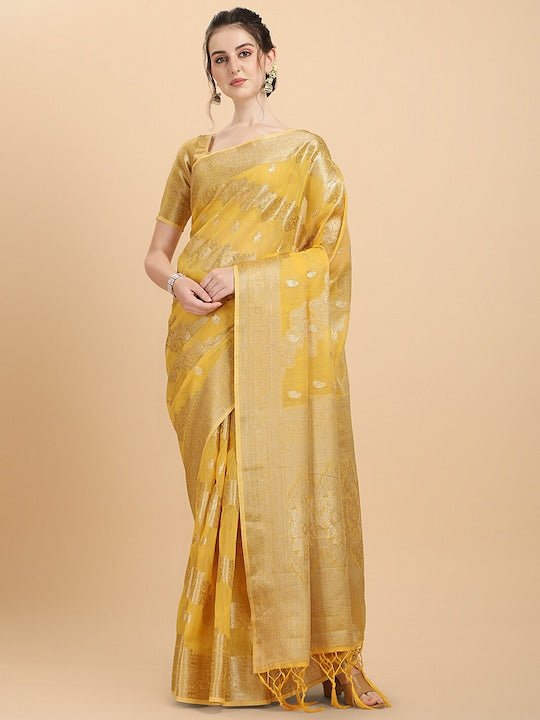 Women Yellow Ethnic Motifs Woven Design Saree with Blouse Piece - Inddus.com