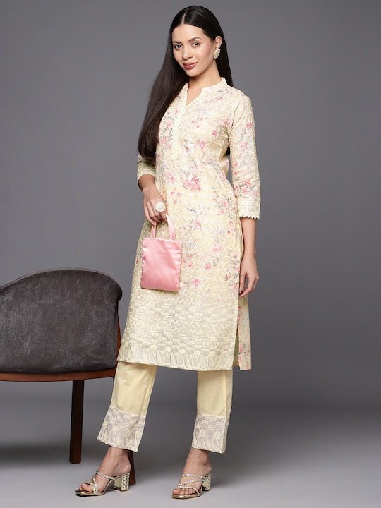 Women Yellow Floral Printed Regular Chikankari Kurta with Trousers - Inddus.com