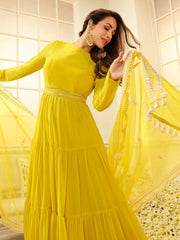 Women Yellow Floral Thread Work Grandeur & Majestic Artwork Georgette Kurta - Inddus.com