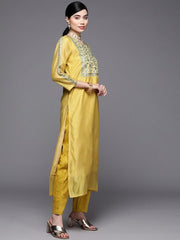 Women Yellow Floral Yoke Design Thread Work Chanderi Cotton Kurta with Trousers & With Dupatta - Inddus.com