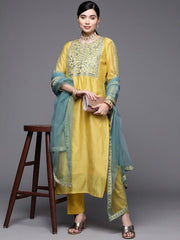 Women Yellow Floral Yoke Design Thread Work Chanderi Cotton Kurta with Trousers & With Dupatta - Inddus.com