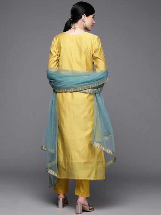 Women Yellow Floral Yoke Design Thread Work Chanderi Cotton Kurta with Trousers & With Dupatta - Inddus.com