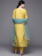 Women Yellow Floral Yoke Design Thread Work Chanderi Cotton Kurta with Trousers & With Dupatta - Inddus.com