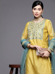 Women Yellow Floral Yoke Design Thread Work Chanderi Cotton Kurta with Trousers & With Dupatta - Inddus.com