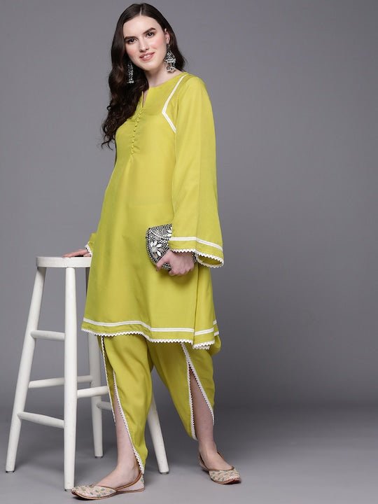 Women Yellow Lace Detail Kurta with Dhoti Pants - Inddus.com