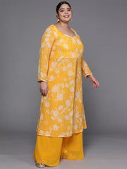 Women Yellow & Off-White Floral Printed Front Slit Detail Kurta with Palazzos - Inddus.com