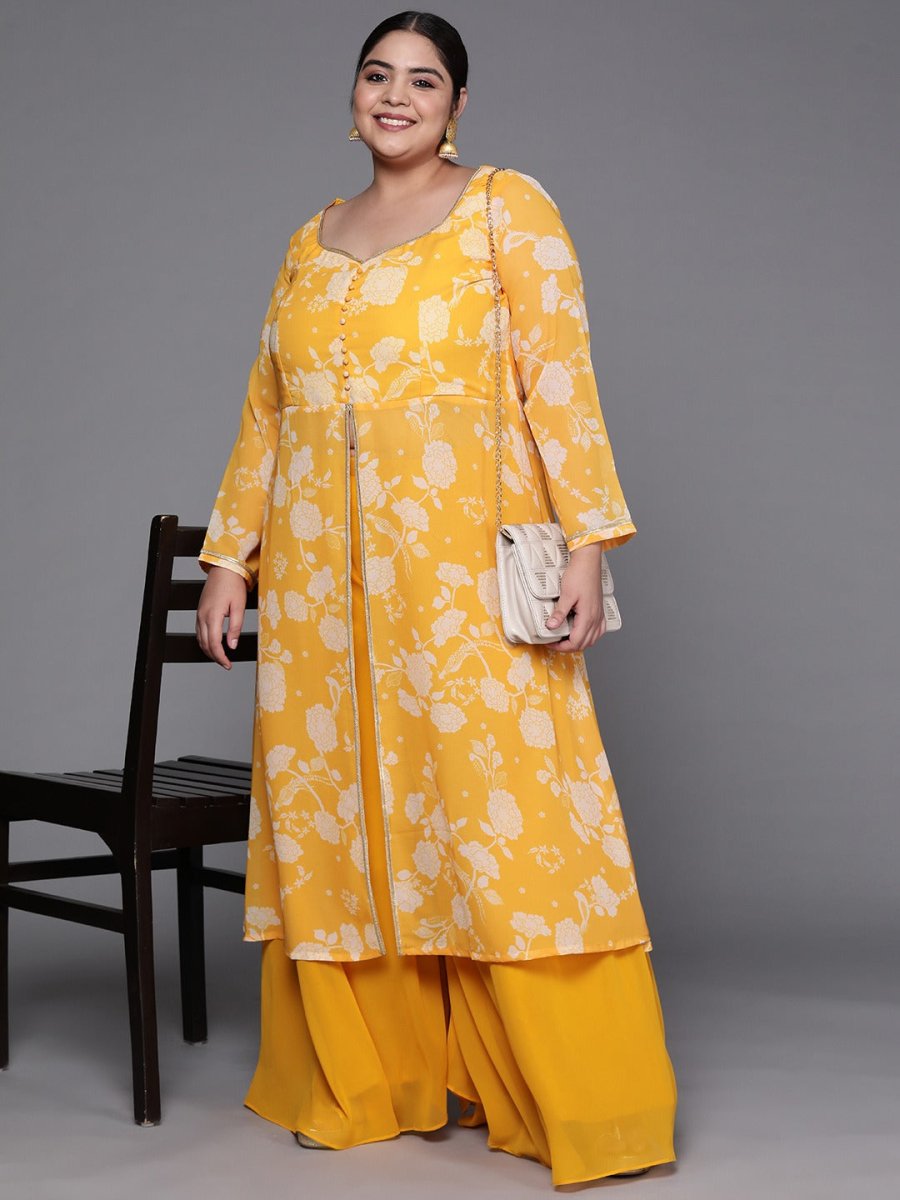 Women Yellow & Off-White Floral Printed Front Slit Detail Kurta with Palazzos - Inddus.com