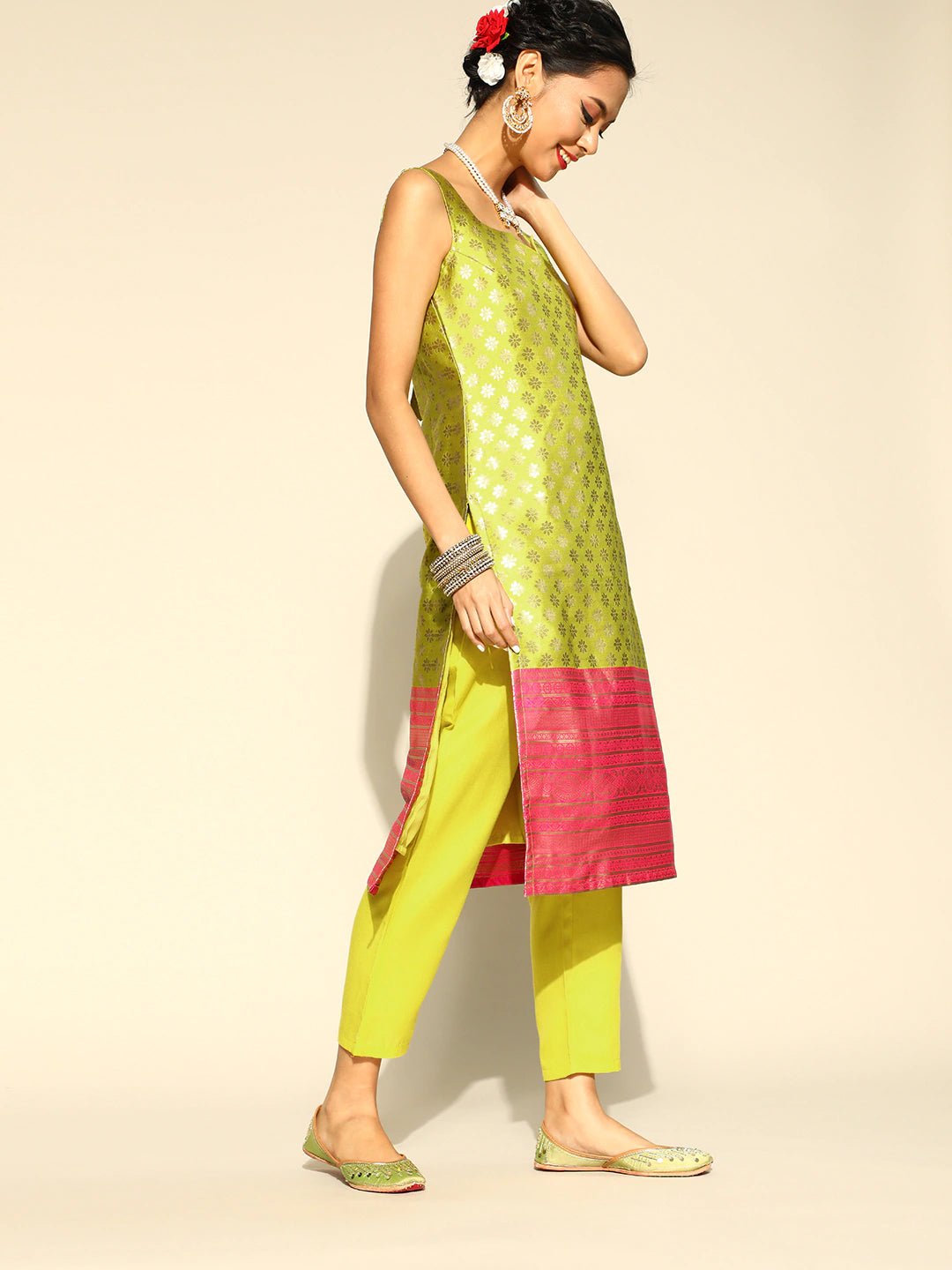 Women Yellow & Pink Silk Blend Ethnic Motifs Woven Kurta with Trousers & Dupatta - Inddus.com