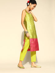 Women Yellow & Pink Silk Blend Ethnic Motifs Woven Kurta with Trousers & Dupatta - Inddus.com