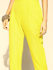 Women Yellow & Pink Silk Blend Ethnic Motifs Woven Kurta with Trousers & Dupatta - Inddus.com