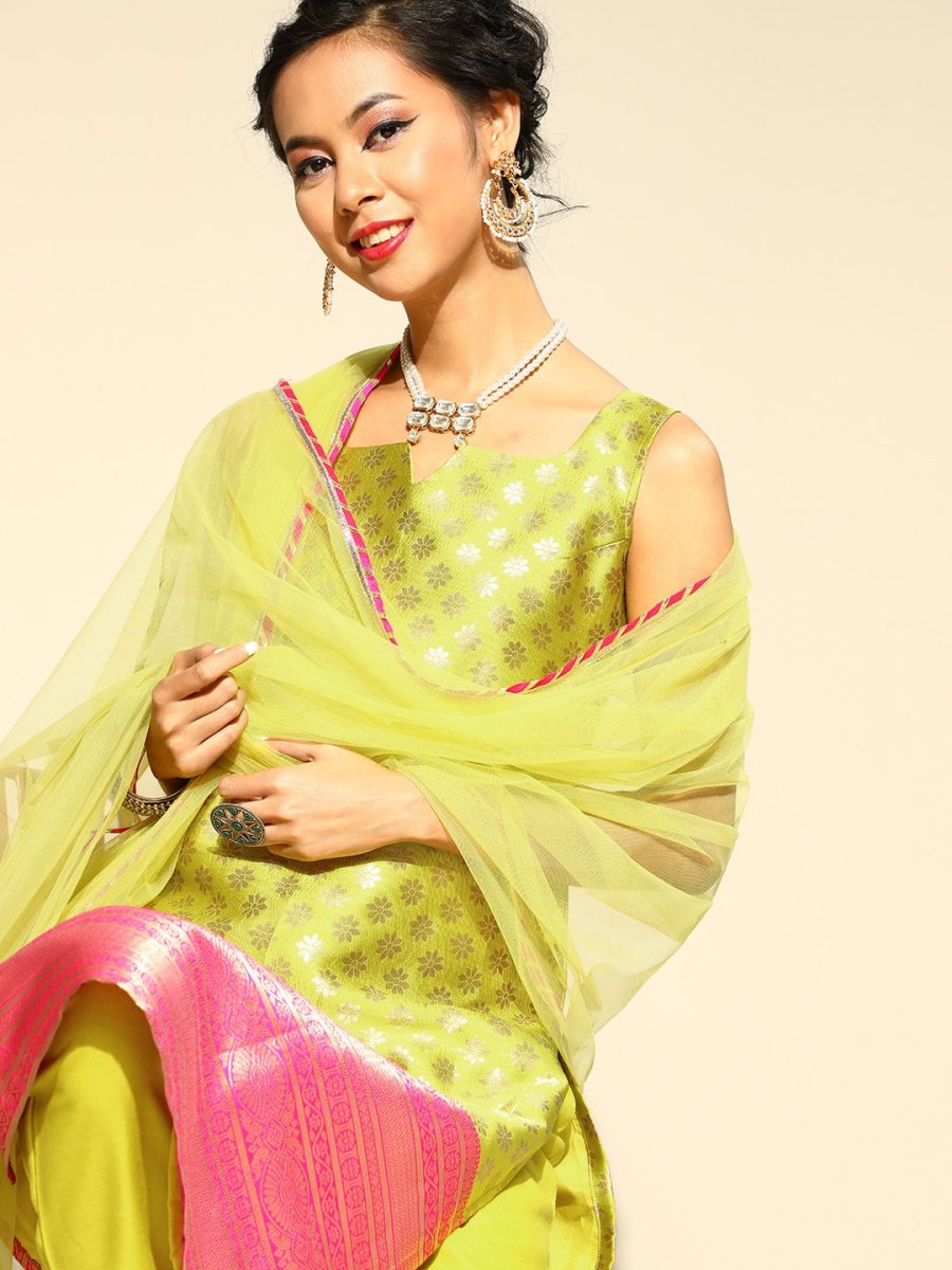 Women Yellow & Pink Silk Blend Ethnic Motifs Woven Kurta with Trousers & Dupatta - Inddus.com