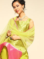 Women Yellow & Pink Silk Blend Ethnic Motifs Woven Kurta with Trousers & Dupatta - Inddus.com