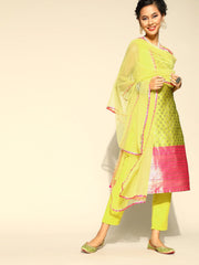 Women Yellow & Pink Silk Blend Ethnic Motifs Woven Kurta with Trousers & Dupatta - Inddus.com