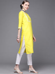 Women Yellow Yoke Design Keyhole Neck Kurta - Inddus.com