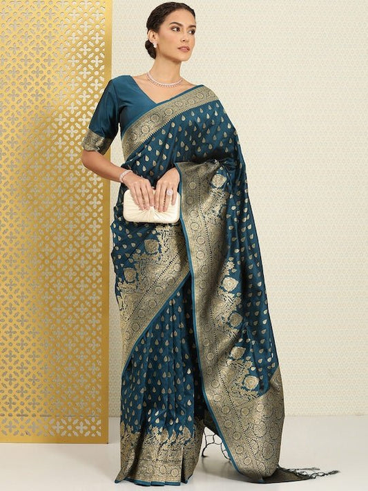 Woven Design Ethnic Motifs Zari Silk Blend Banarasi Saree
