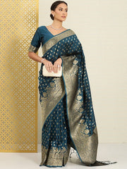 Woven Design Ethnic Motifs Zari Silk Blend Banarasi Saree - Inddus.com