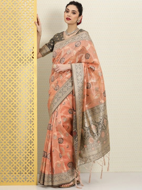 Woven Design Ethnic Motifs Zari Silk Blend Saree - Inddus.com