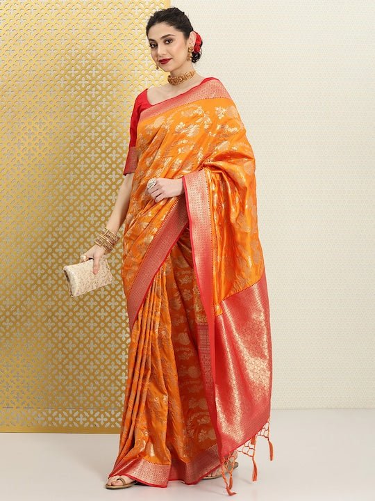 Woven Design Floral Zari Silk Blend Saree - Inddus.com