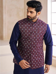 Woven-Design Mandarin Collar Nehru Jacket - Inddus.com